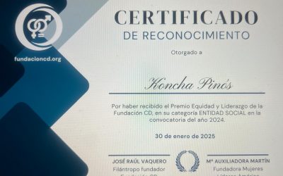 CERTIFICADO DE RECONOCIMIENTO Otorgado a Koncha Pinos Por haber recibido el Premio Equidad y Liderazgo de la Fundación CD, en su categoría ENTIDAD SOCIAL en la convocatoria del año 2024.